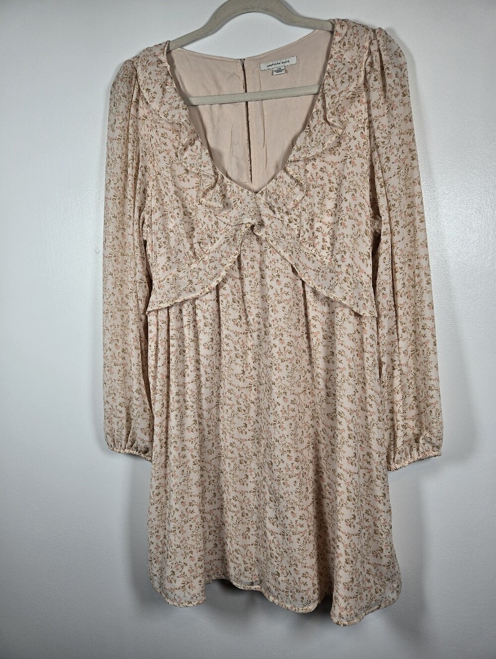 American Eagle Cream Ditsy Floral Ruffle Long Sleeve Babydoll Mini Dress Large